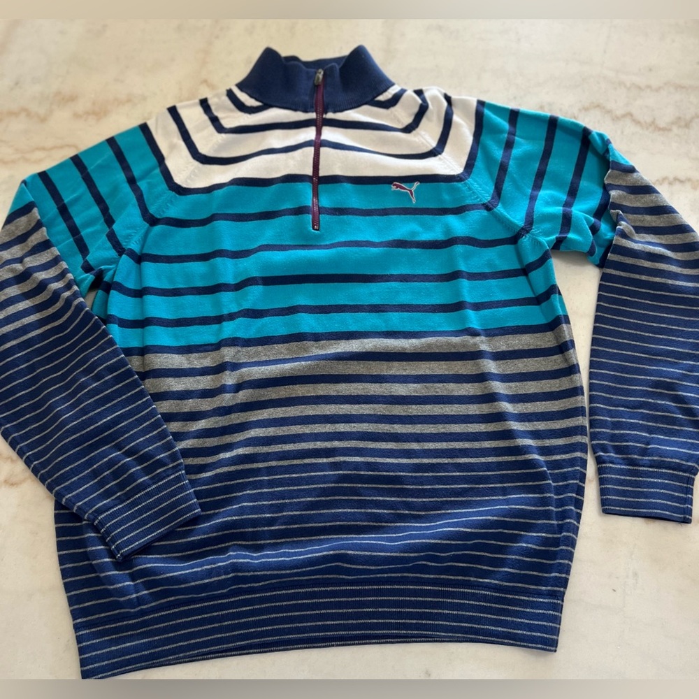 Pure Cotton Puma Men's 1/4 Zip Blue Gray Striped Knit Sweater Size L